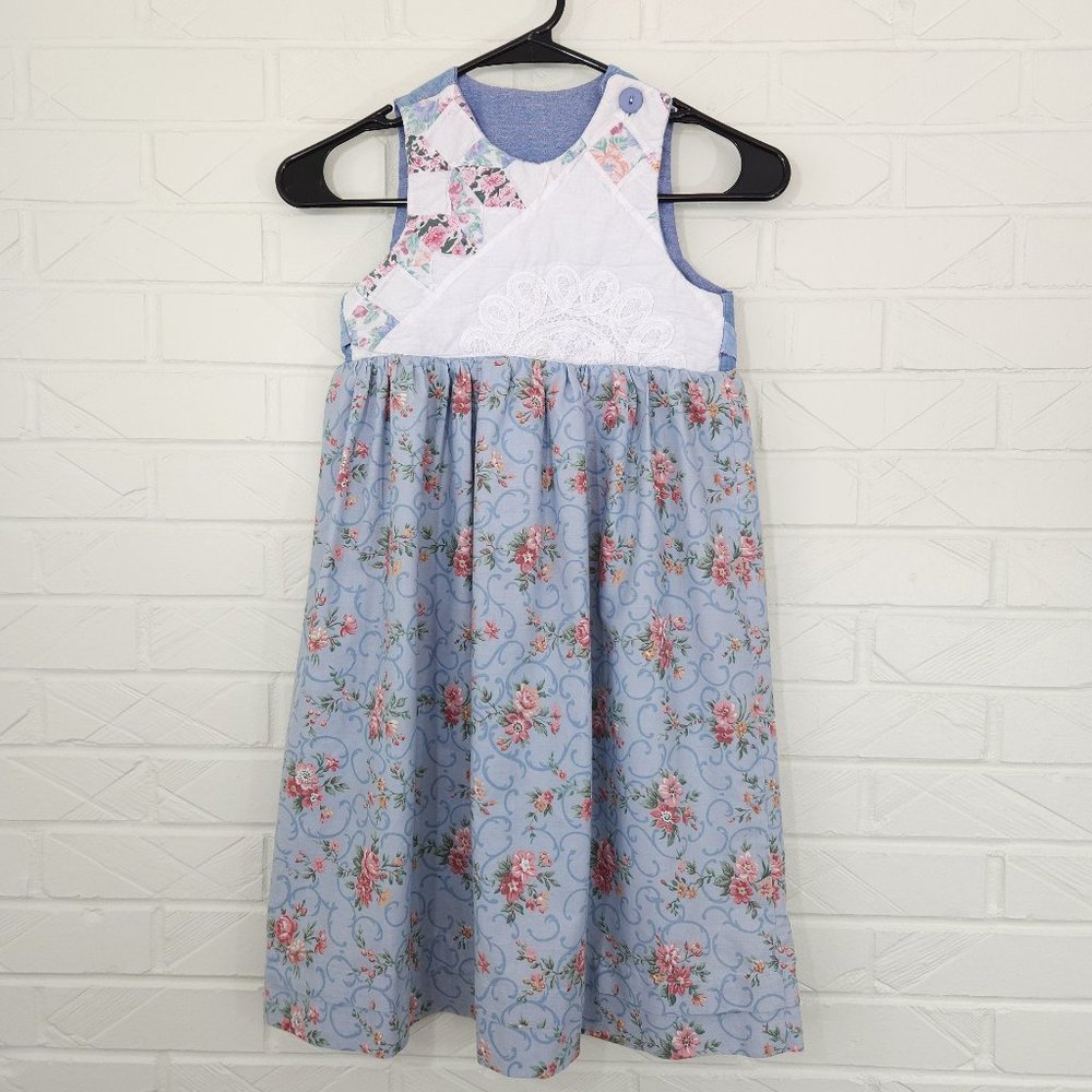 Girl's Blue Floral Sleeveless A-Line Dress Quilted Bodice Cottagecore 6